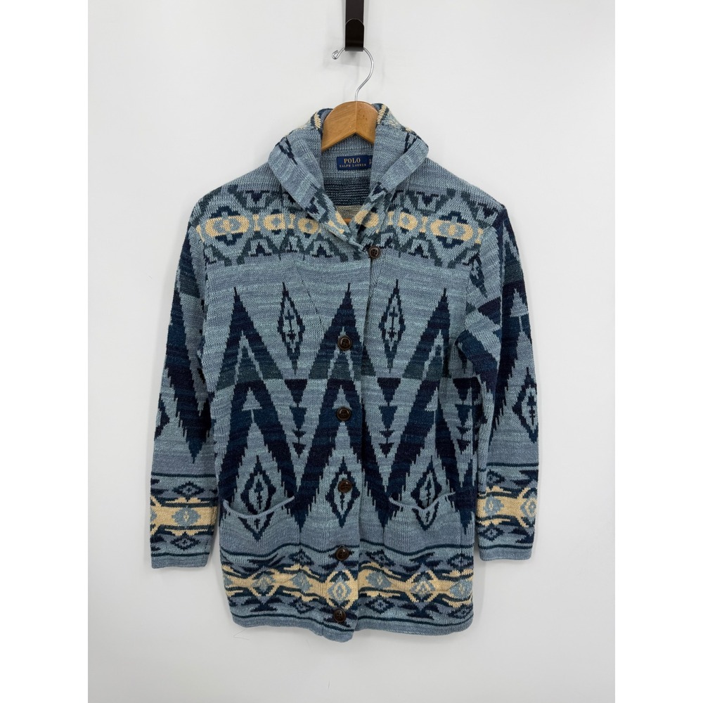 Polo Ralph Lauren Southwestern Cardigan Sweater Women S Blue Aztec Shawl Neck - Picture 2 of 9